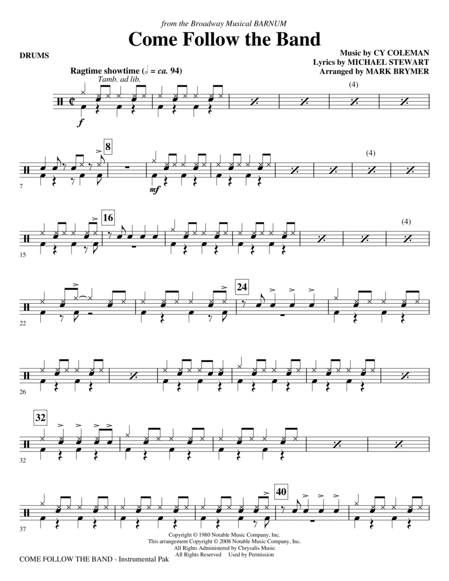 Come Follow The Band - Drums Choir scores gallery preview page 1