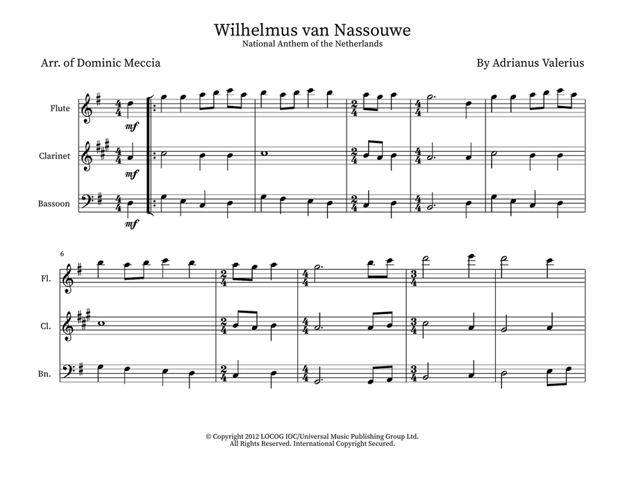 Wilhelmus (netherlands National Anthem) Woodwind Trio scores gallery preview page 1