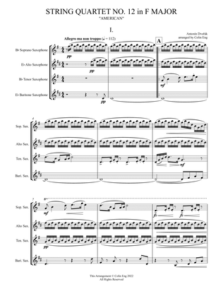 Book cover for String Quartet No. 12 in F Major, "American" for Saxophone Quartet MOVEMENT I