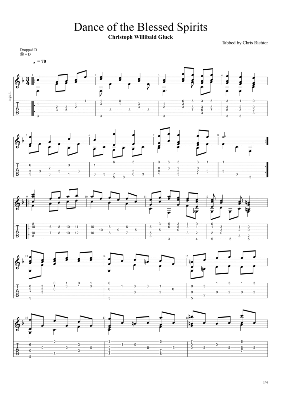 Orfeo ed Eurydice, Act III, no. 29, Dance of the Blessed Spirits (Christoph Willibald Gluck) Acoustic Guitar scores gallery preview page 1