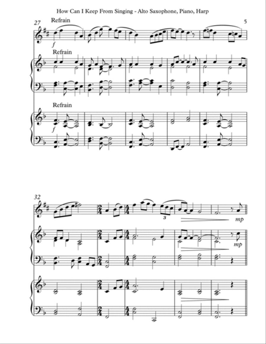How Can I Keep From Singing, Trio for Eb Alto Saxophone, Piano & Harp Alto Saxophone scores gallery preview page 5