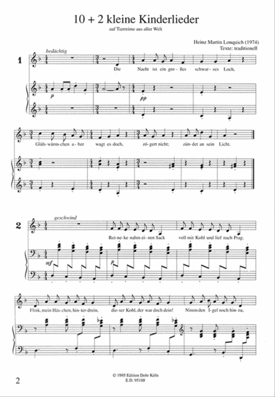 10 + 2 kleine Kinderlieder auf Tierreime aus aller Welt für Gesang und Klavier (1974) Voice Solo scores gallery preview page 2