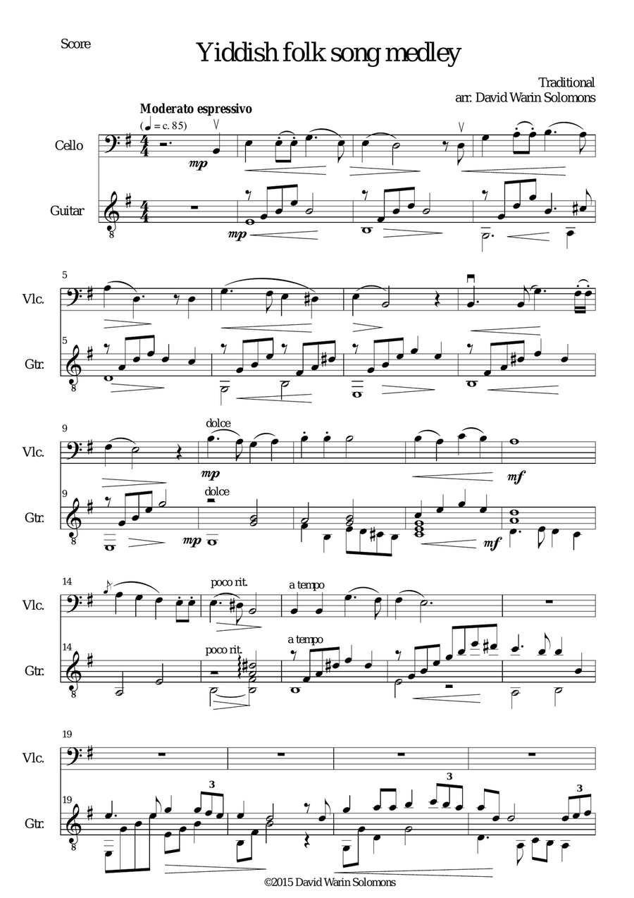 Yiddish Folk Song Medley for cello and guitar String Duet scores gallery preview page 1