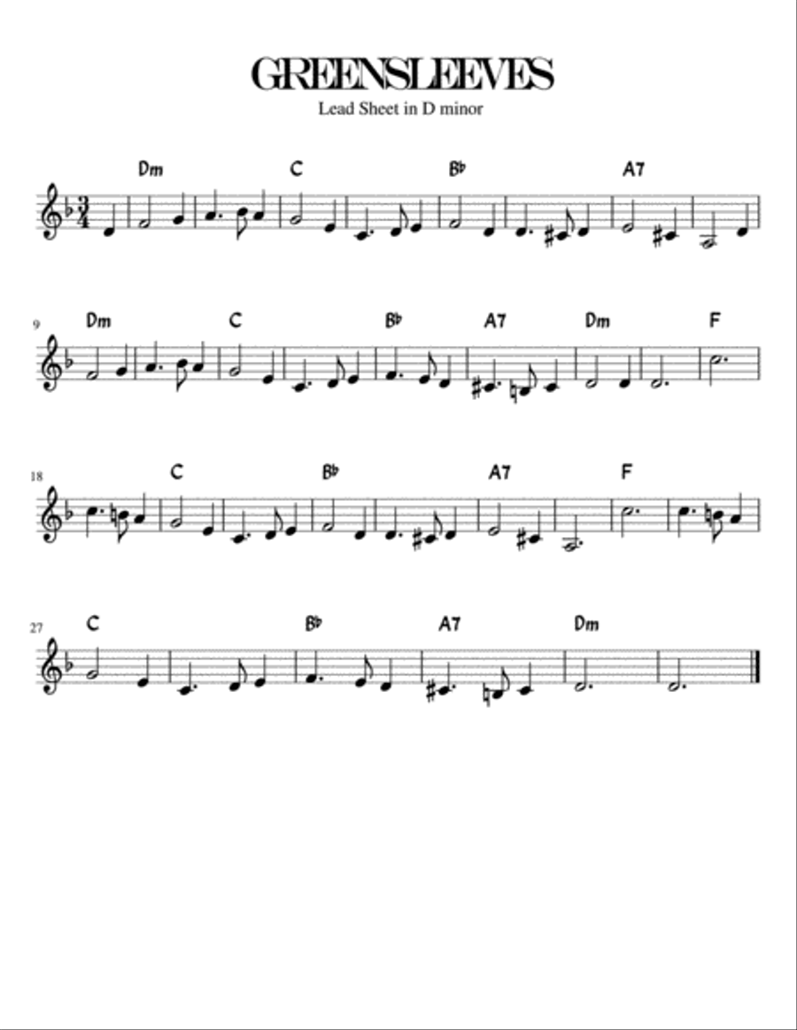 Greensleeves/ What Child is This Lead Sheet in D minor Guitar Solo scores gallery preview page 1
