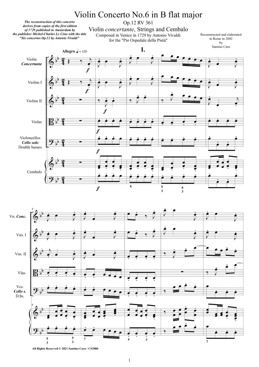 Vivaldi - Violin Concerto No.6 in B flat major Op.12 RV 361 for Violin, Strings and Cembalo Chamber Orchestra scores gallery preview page 1