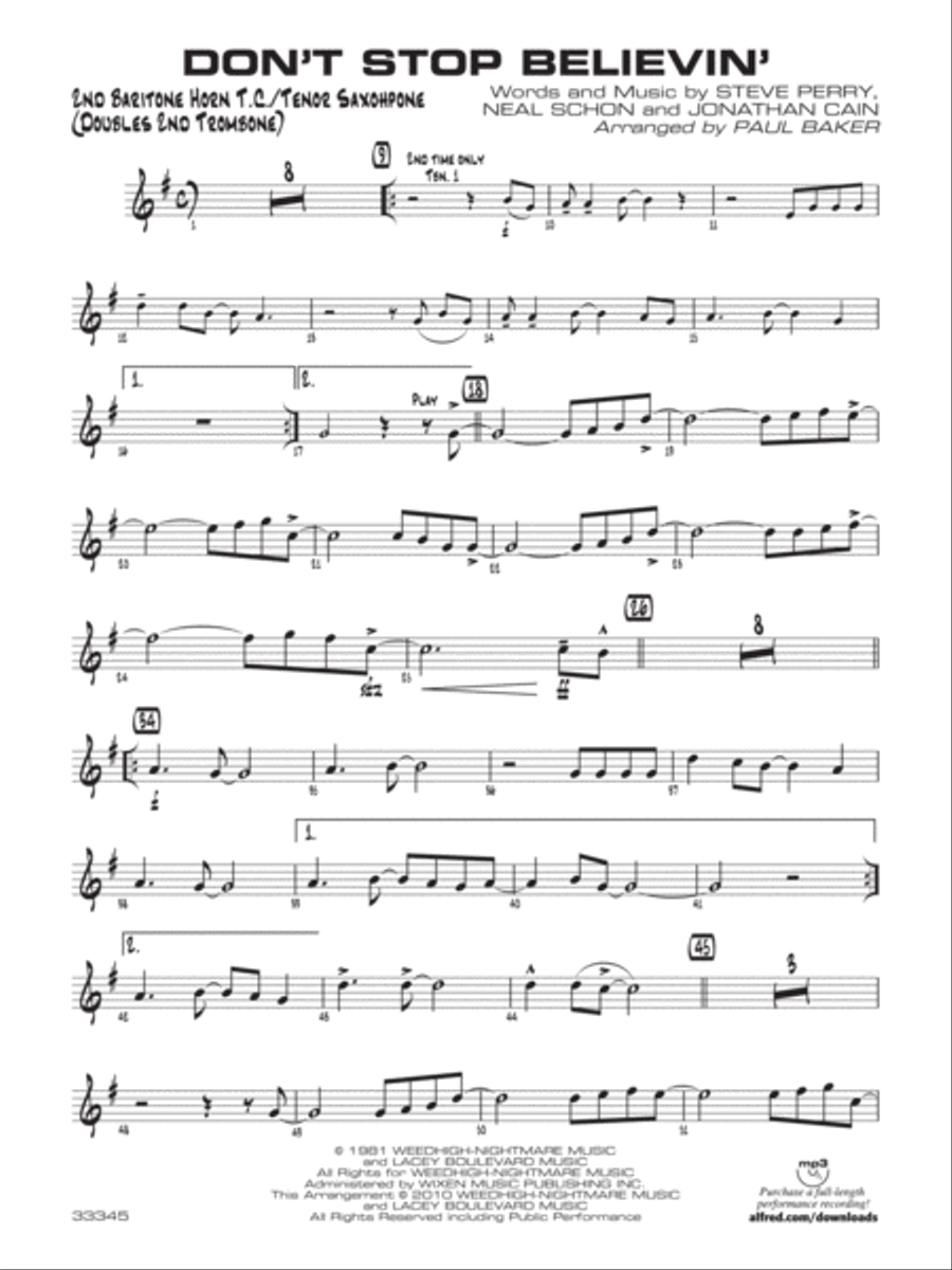 Don't Stop Believin': 2nd Baritone T.C. Jazz Ensemble scores gallery preview page 1