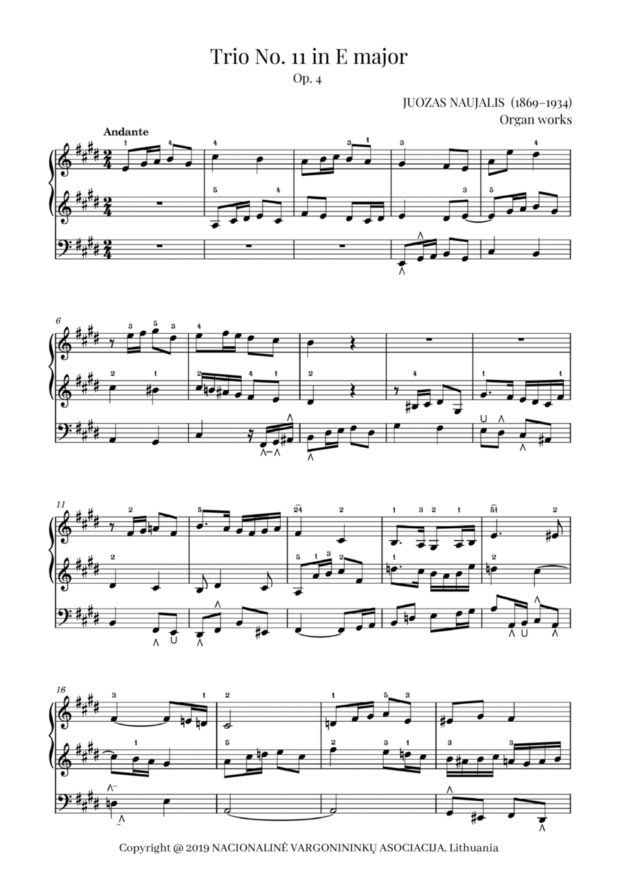 Trio No. 11 in E major, Op. 4 by Juozas Naujalis (1869–1934) Organ Solo scores gallery preview page 1