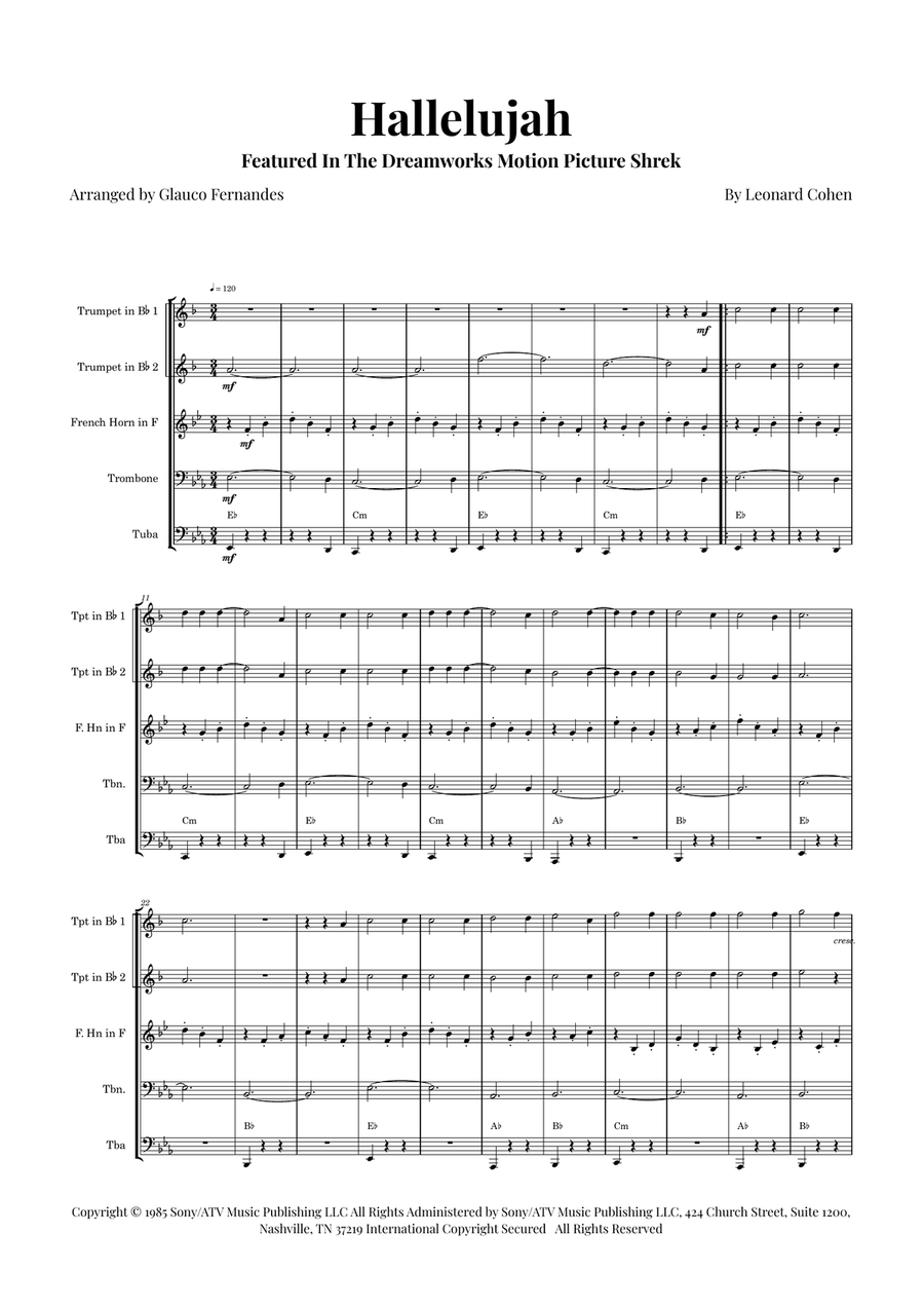 Hallelujah Brass Quintet scores gallery preview page 1