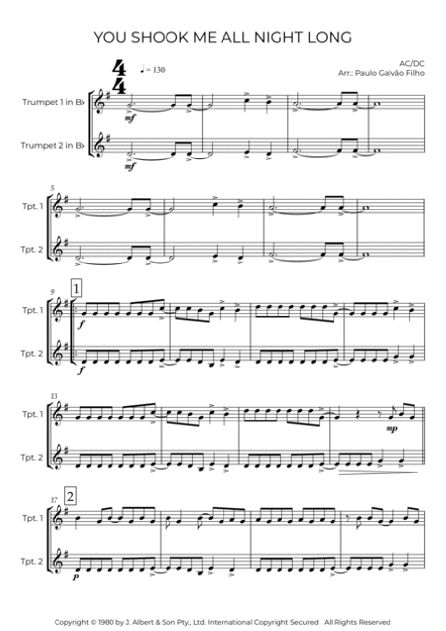 You Shook Me All Night Long Trumpet Duet scores gallery preview page 2