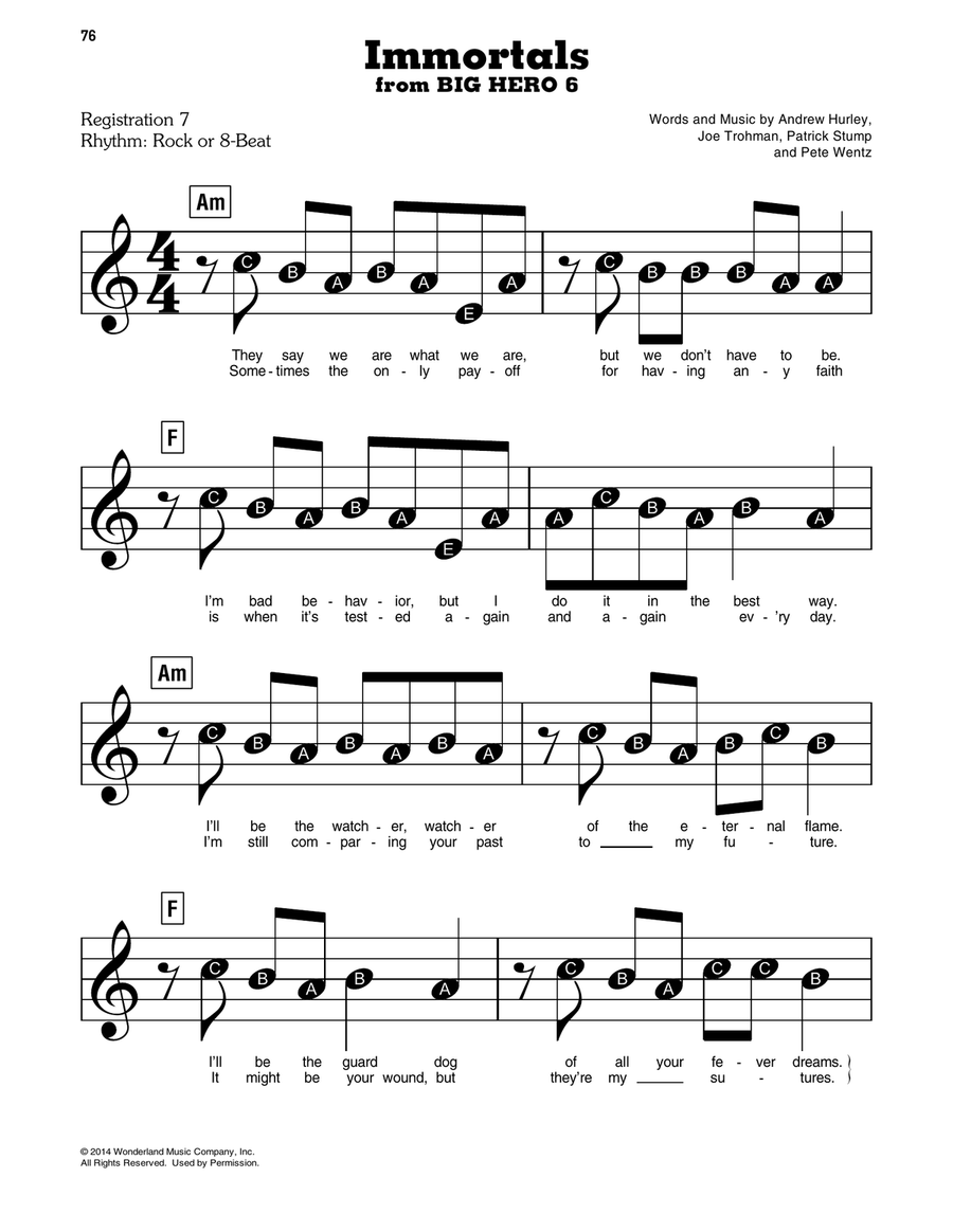 Immortals (from Big Hero 6) Easy Piano scores gallery preview page 1