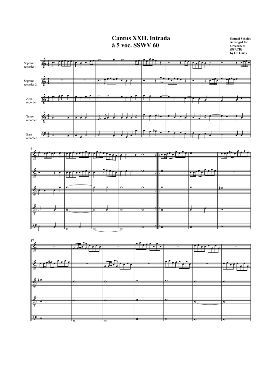 Intrada SSWV 60 (arrangement for 5 recorders) Recorder scores gallery preview page 1