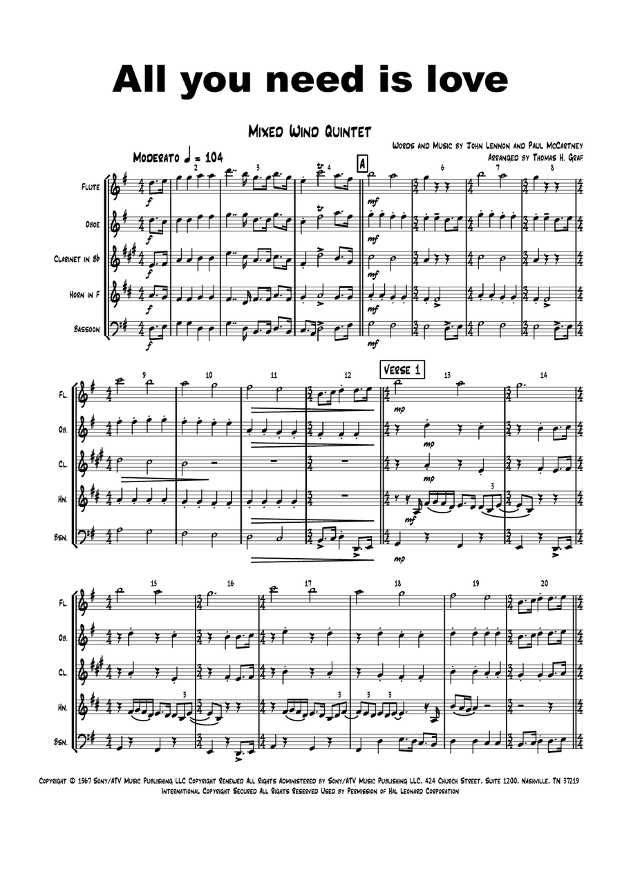 All You Need Is Love Woodwind Quintet scores gallery preview page 1