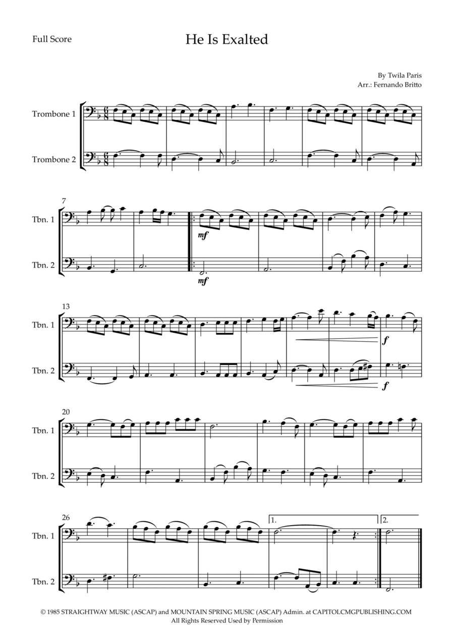 He Is Exalted Trombone Duet scores gallery preview page 1