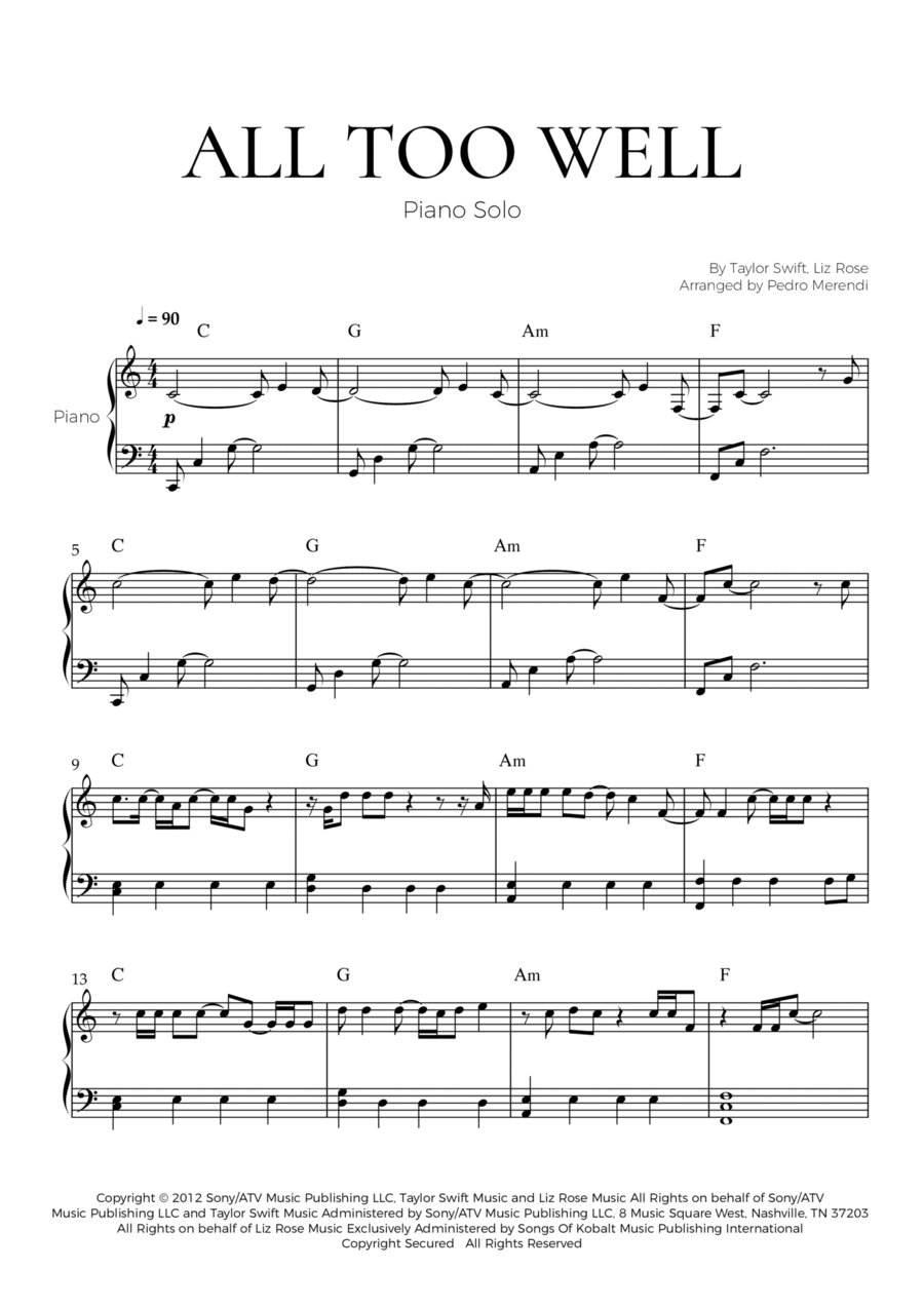 All Too Well Piano Solo scores gallery preview page 1