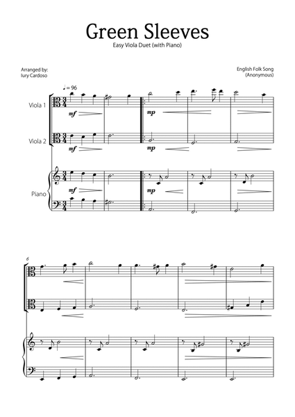 "Green Sleeves" - Beautiful easy version for VIOLA DUET and PIANO image number null