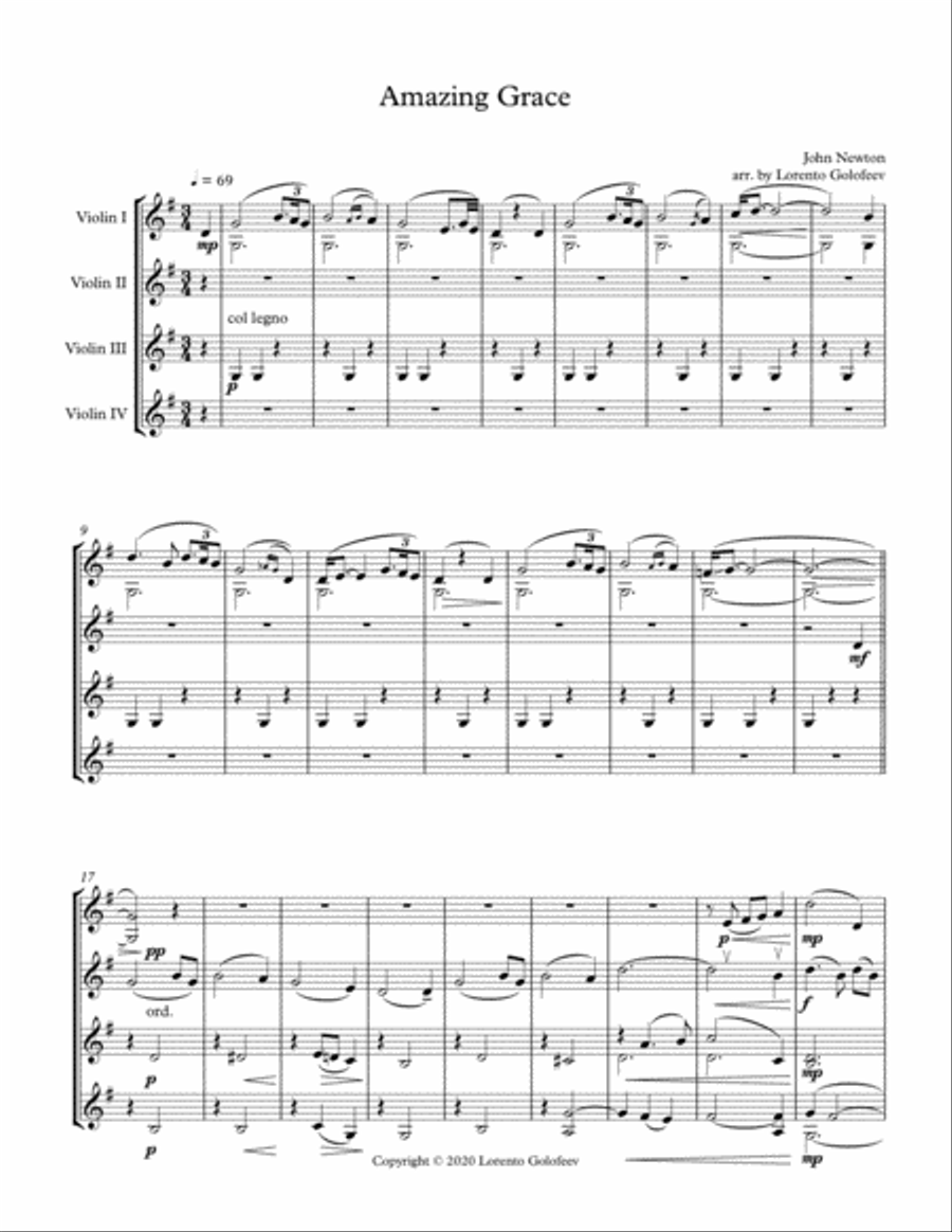 Amazing Grace for 4 violins Small Ensemble scores gallery preview page 1