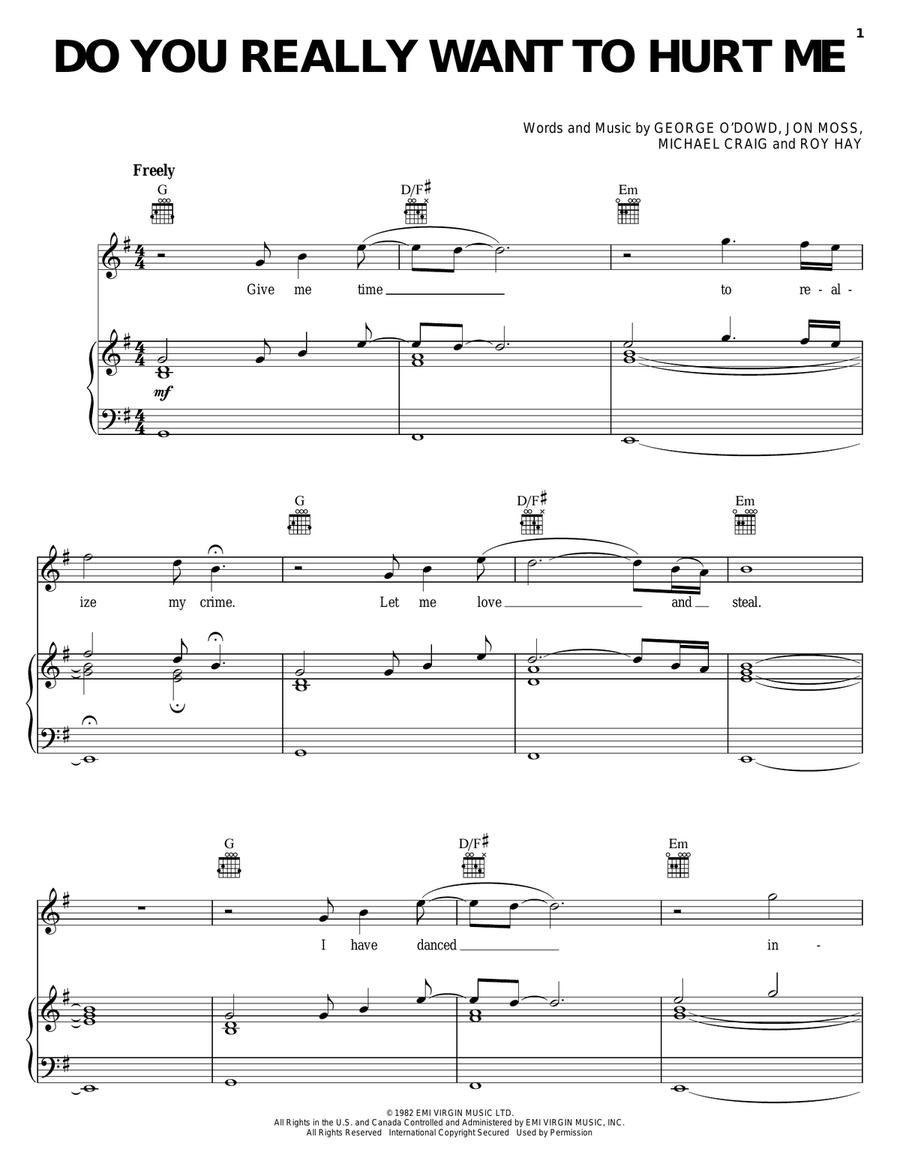 Do You Really Want To Hurt Me Piano, Vocal, Guitar scores gallery preview page 1
