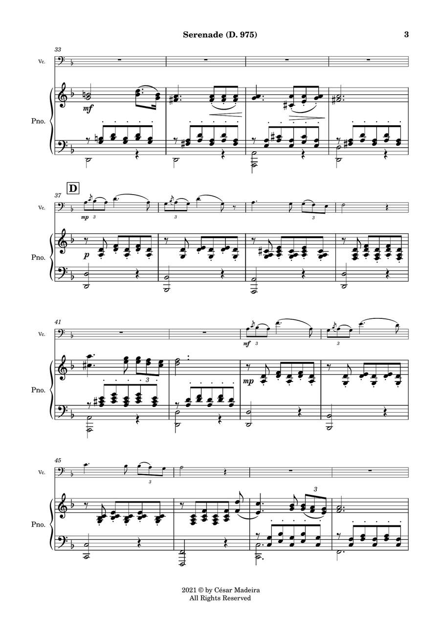 Serenade (D.975) by Schubert - Cello and Piano (Full Score and Parts) Piano scores gallery preview page 4