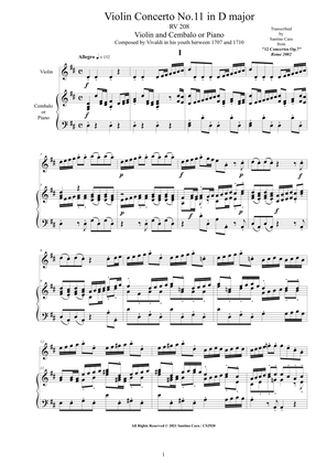 Book cover for Vivaldi - Violin Concerto No.11 in D major RV 208 Op.7 for Violin and Cembalo or Piano