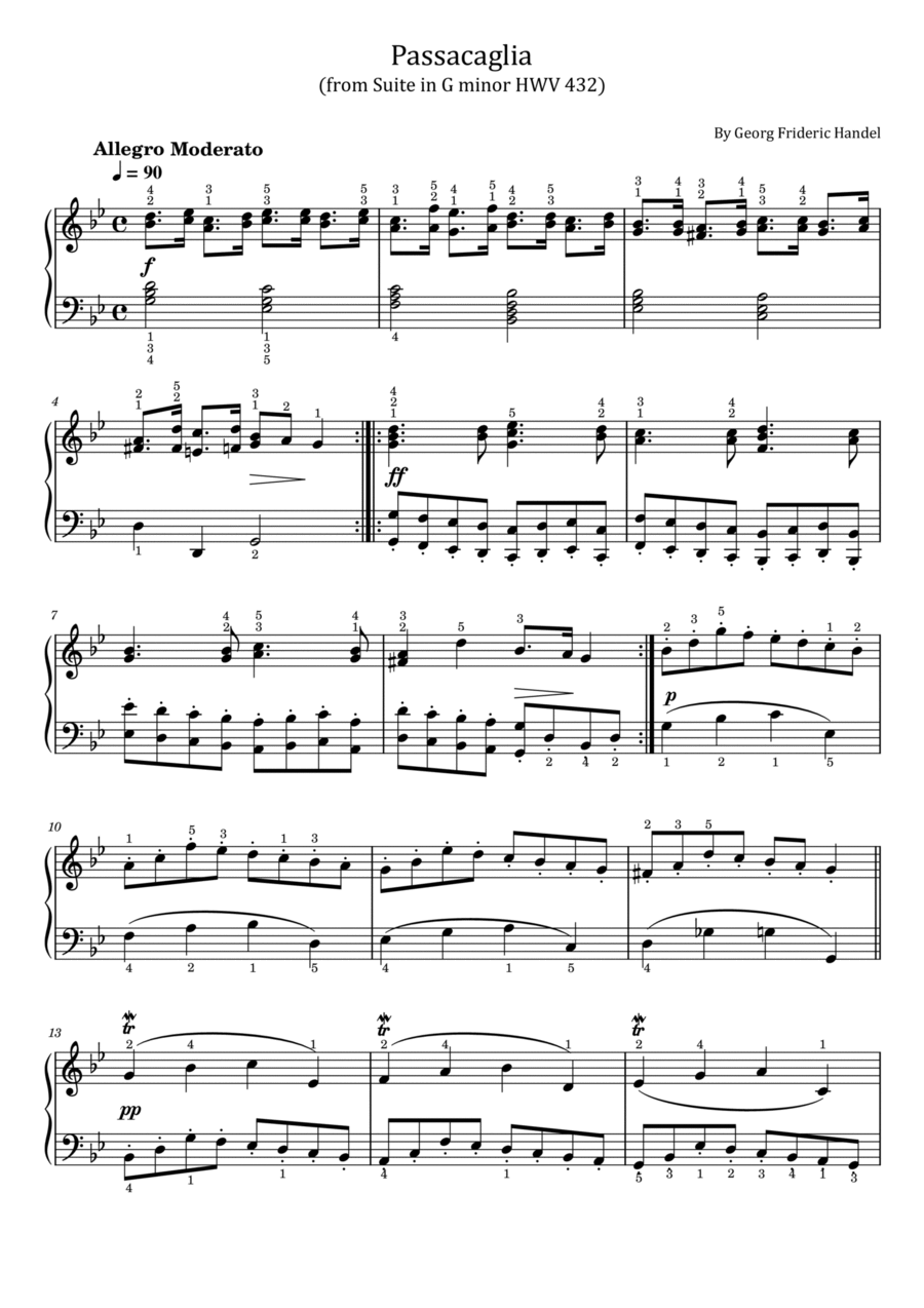 Handel - Passacaglia - (from Suite in G minor HWV 432) - Original With Fingered - For Piano Solo Piano Solo scores gallery preview page 1