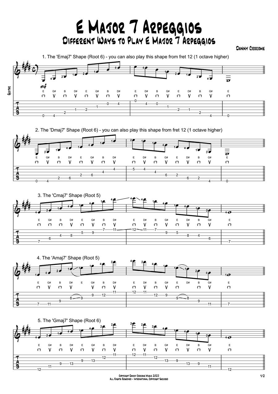 E Major 7 Arpeggios (5 Ways to Play) Electric Guitar scores gallery preview page 1