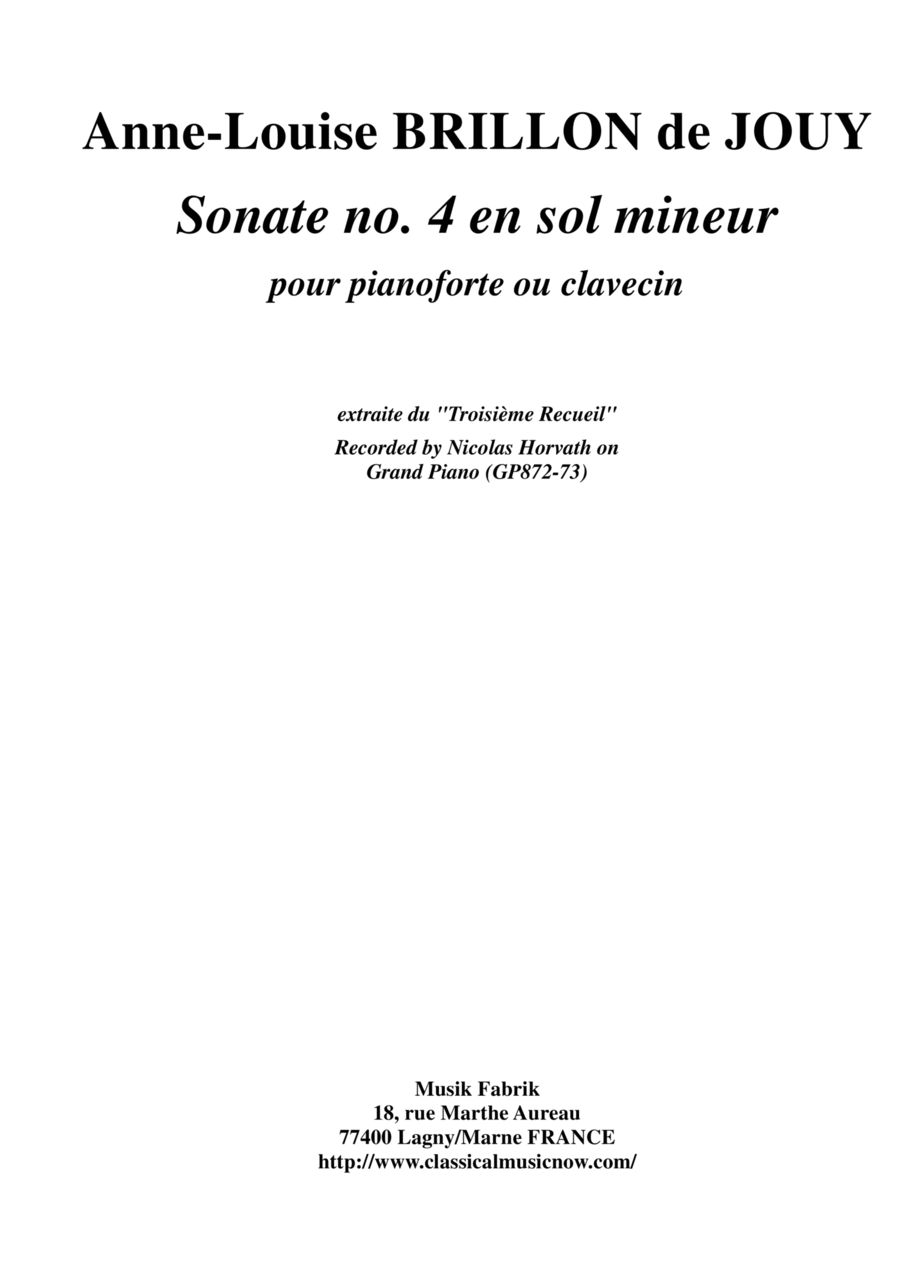Anne-Louise Brillon de Jouy: Sonata no. 4 in g minor for piano or harpsichord Harpsichord scores gallery preview page 1