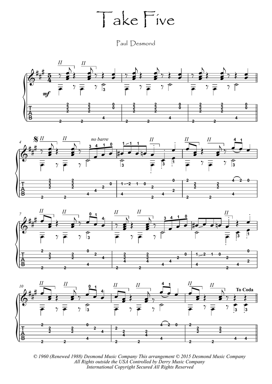Take Five Guitar Tablature scores gallery preview page 1