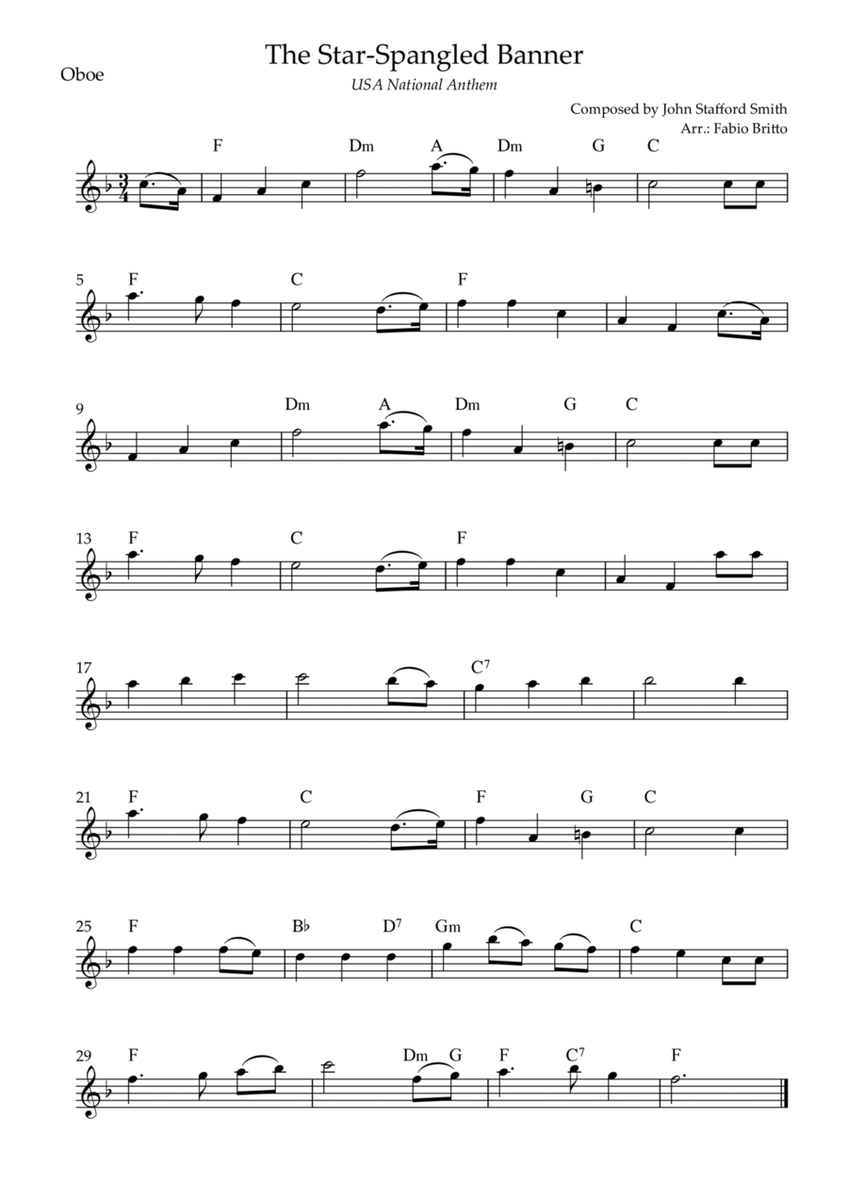 The Star Spangled Banner (USA National Anthem) for Oboe Solo with Chords (F Major)