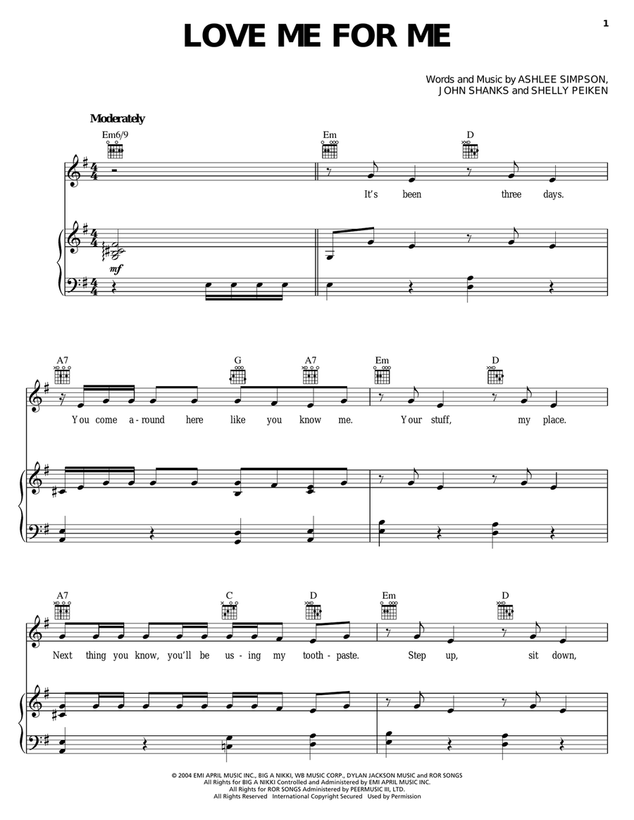 Love Me For Me Piano, Vocal, Guitar scores gallery preview page 1