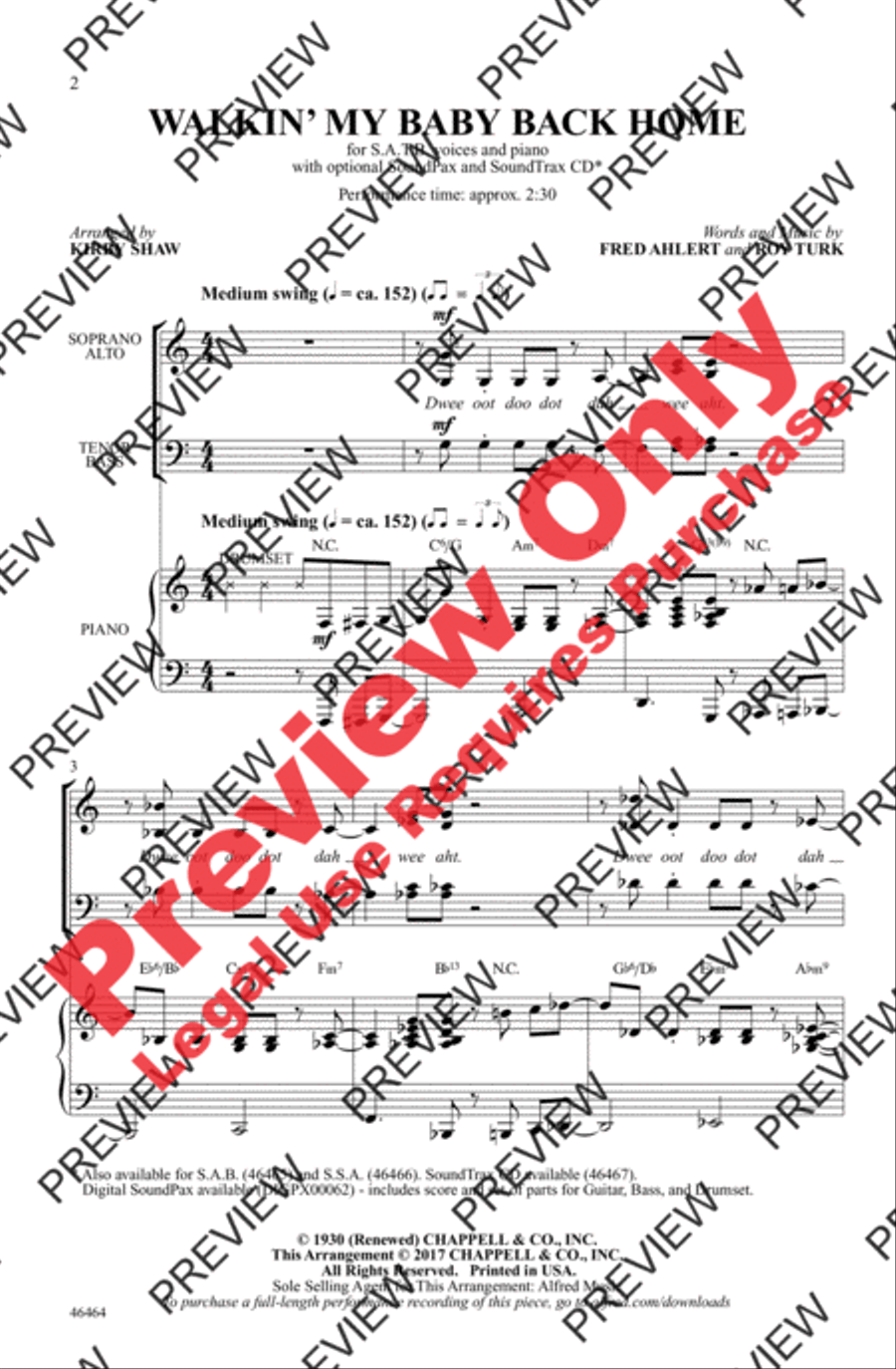 Walkin' My Baby Back Home 4-Part scores gallery preview page 2