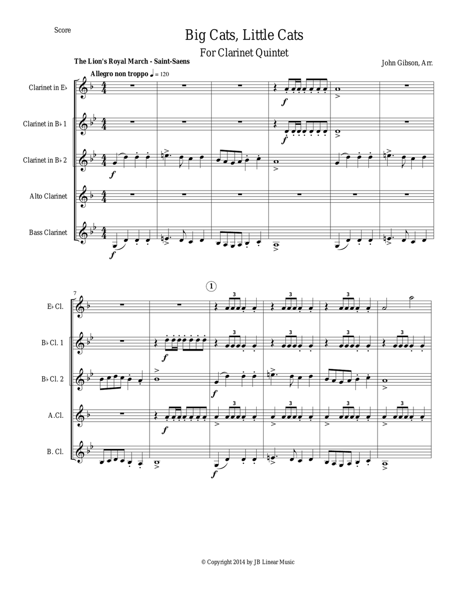 Clarinet Quintet or choir - Big Cats, Little Cats Clarinet Quintet scores gallery preview page 2