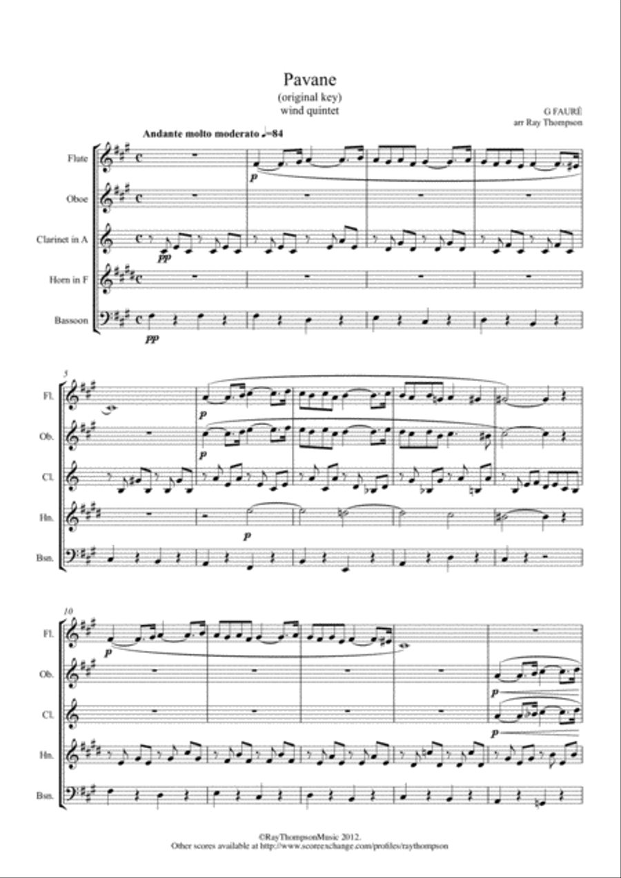 Faure: Pavane Op.50 (original key) - wind quintet Woodwind Quintet scores gallery preview page 1