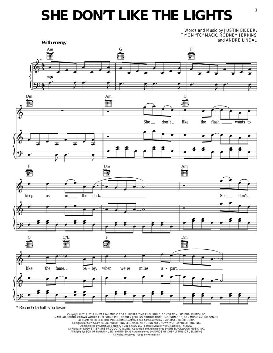 She Don't Like The Lights Piano, Vocal, Guitar scores gallery preview page 1