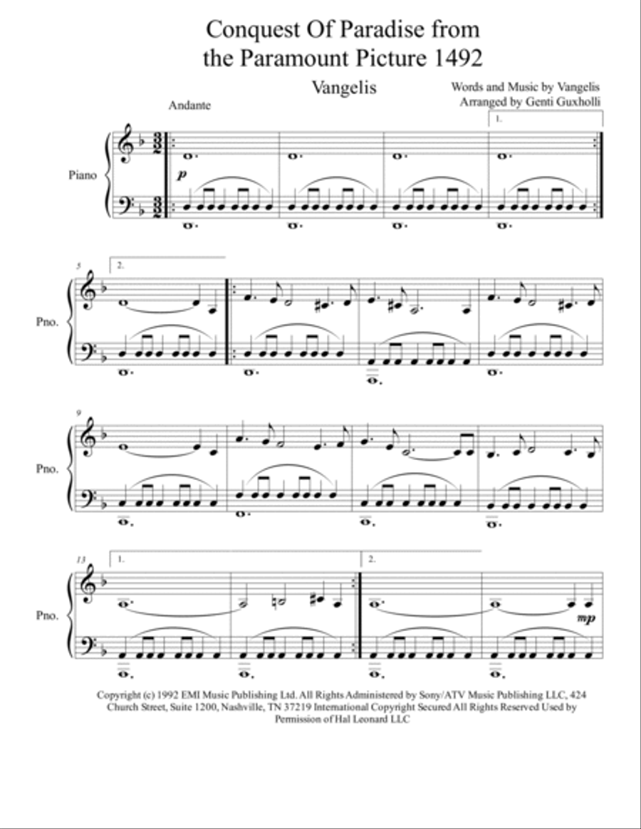 Conquest Of Paradise from the Paramount Picture 1492 Piano Solo scores gallery preview page 2