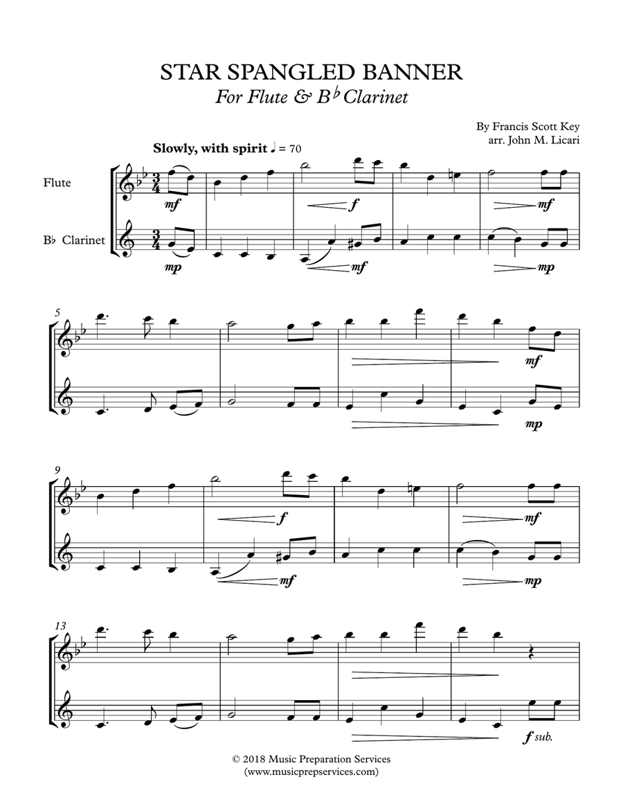 Star Spangled Banner (Flute & Clarinet duet) Woodwind Duet scores gallery preview page 2