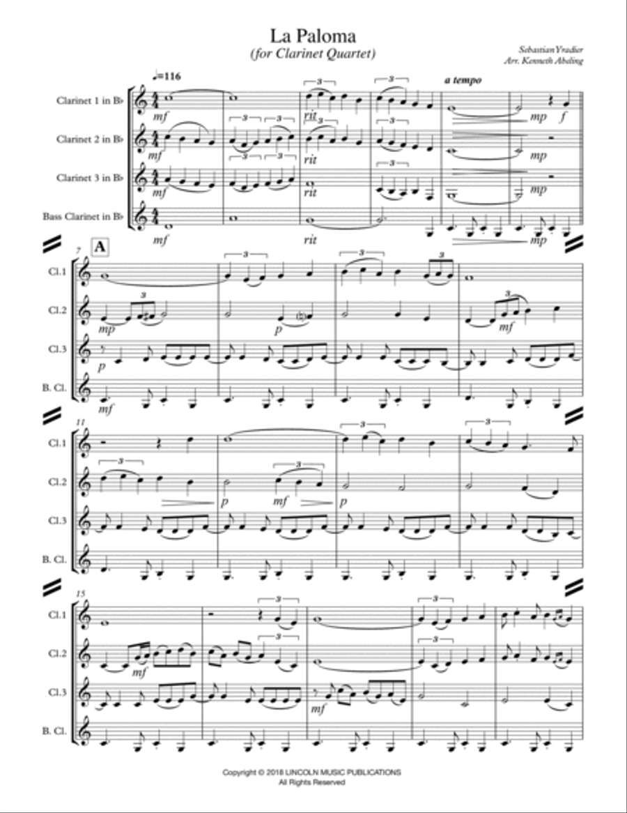 La Paloma (for Clarinet Quartet) Clarinet Quartet scores gallery preview page 2