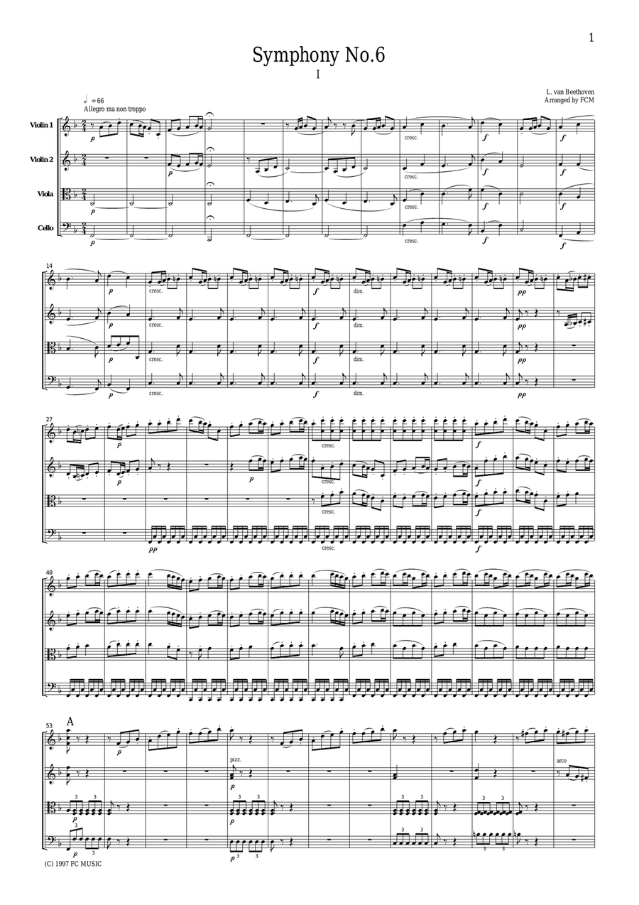 Beethoven Symphony No.6 (Pastoral), 1st mvt., for string quartet, CB002 String Quartet scores gallery preview page 1