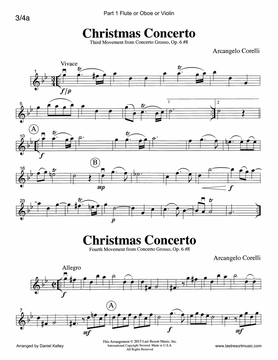 Christmas Concerto (Concerto Grosso Op. 6 #8) for String Trio (2 Violins & Cello) Set of 3 Parts