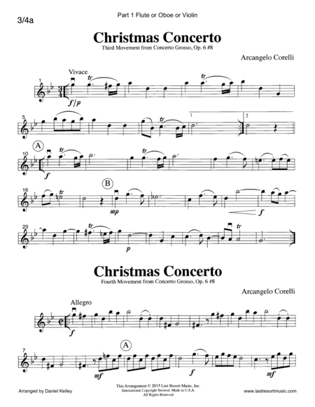 Christmas Concerto (Concerto Grosso Op. 6 #8) for String Trio (2 Violins & Cello) Set of 3 Parts