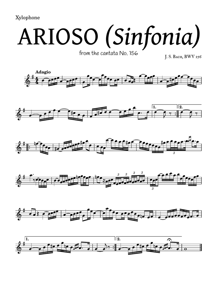 ARIOSO, by J. S. Bach (sinfonia) - for Xylophone and accompaniment Easy Piano scores gallery preview page 1