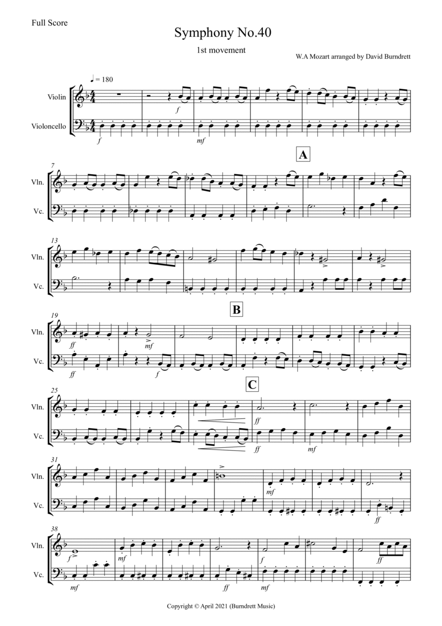 Symphony No.40 (1st movement) for Violin and Cello Duet String Duet scores gallery preview page 1