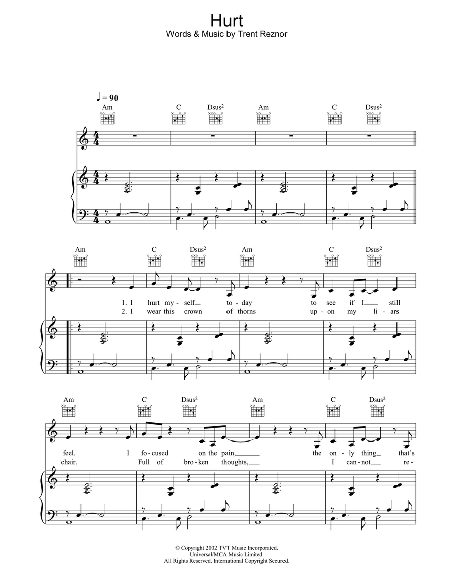 Hurt Piano, Vocal, Guitar scores gallery preview page 1