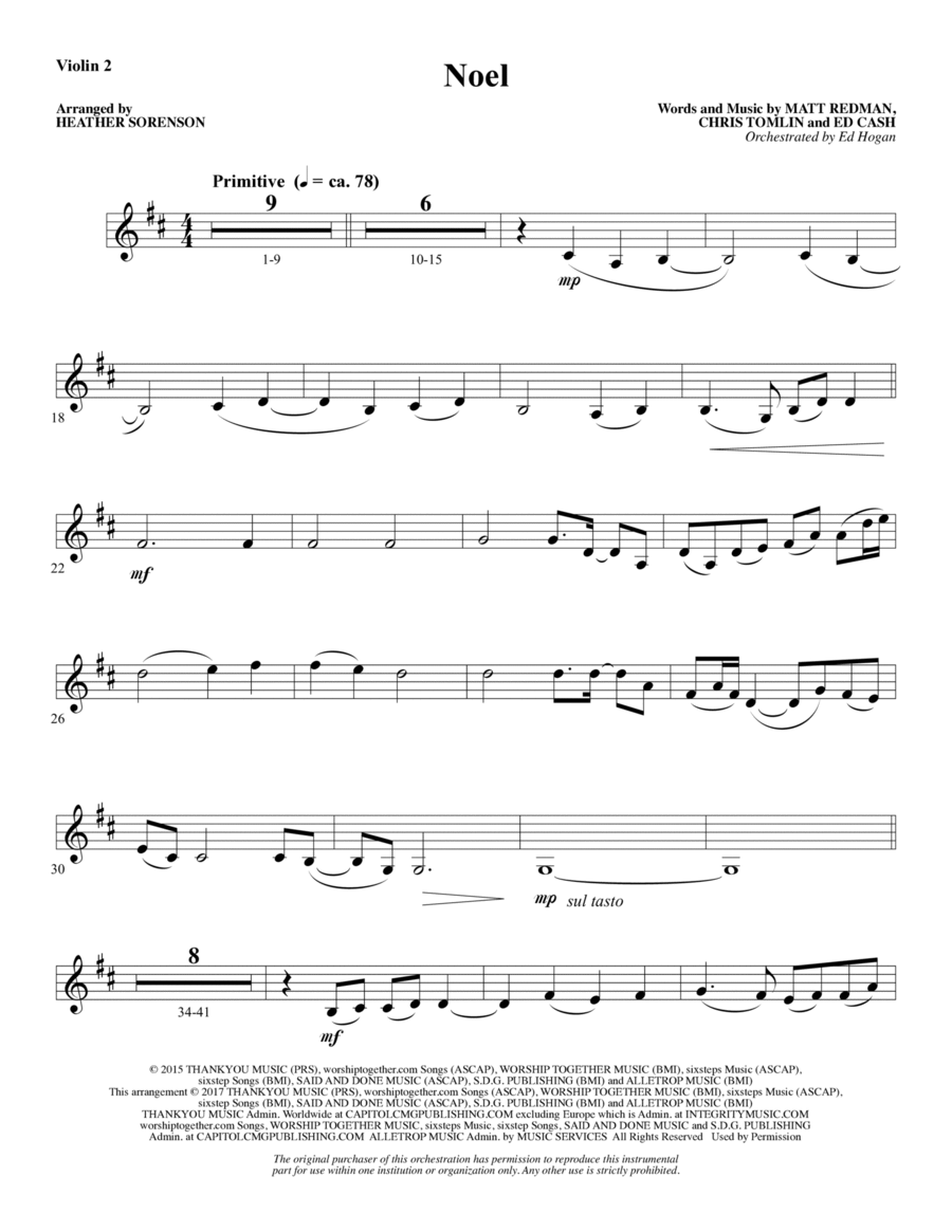 Noel (feat. Lauren Daigle) (arr. Heather Sorenson) - Violin 2 Choir scores gallery preview page 1