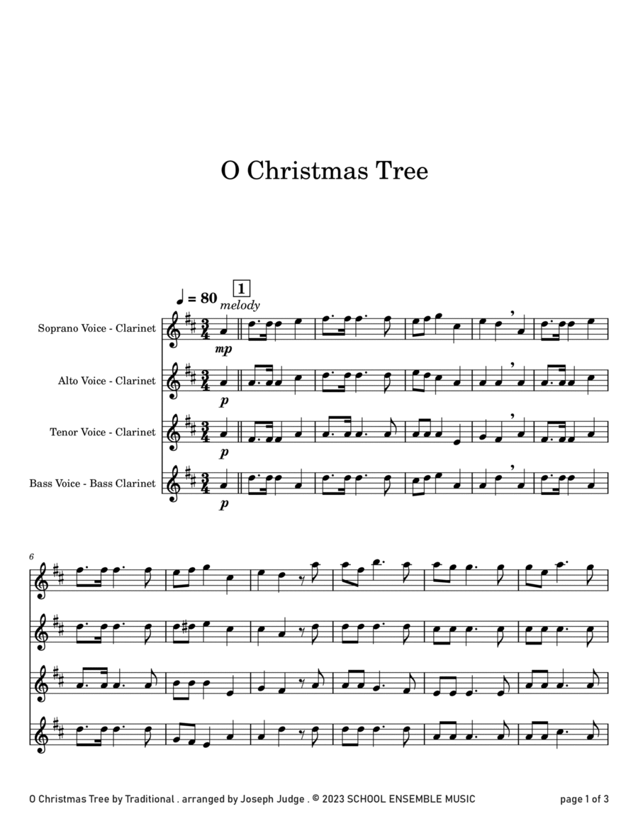 O Christmas Tree for Clarinet Quartet in Schools Clarinet Quartet scores gallery preview page 1