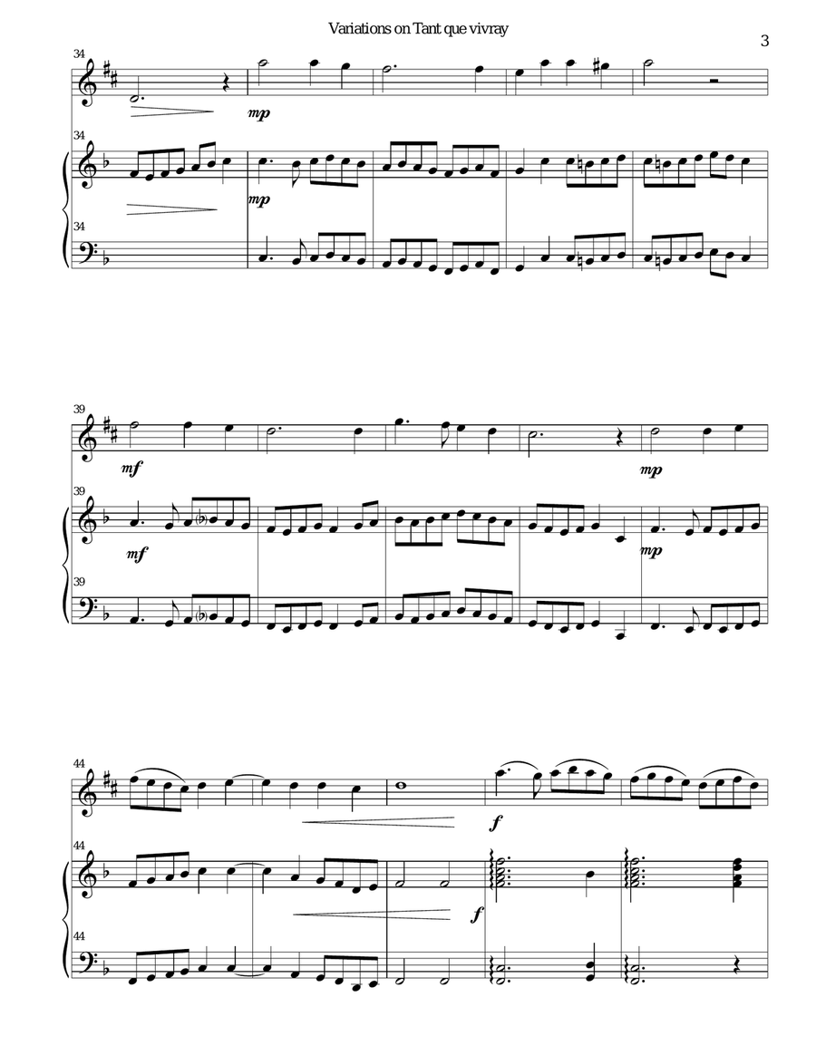 Variations on Tant que vivray (As long as I live) for alto saxophone and harp Alto Saxophone scores gallery preview page 3