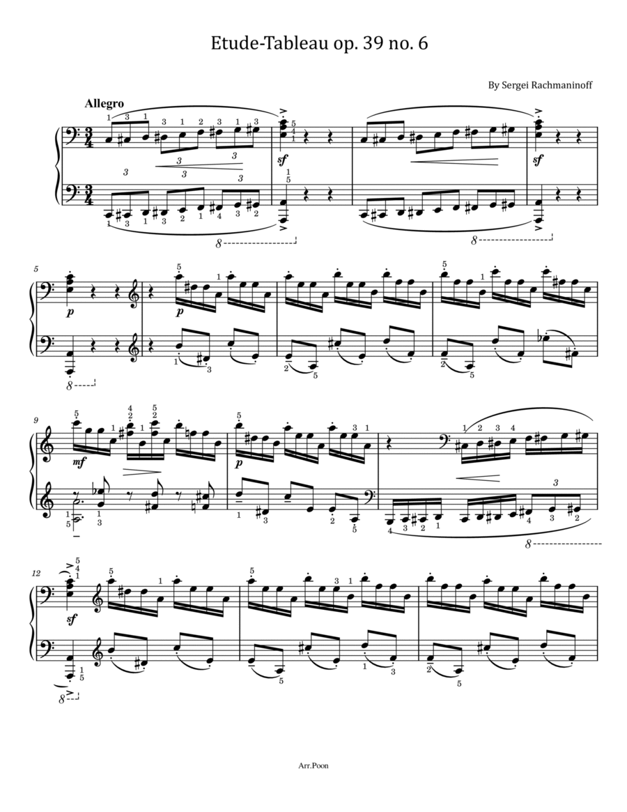 Rachmaninoff Etudes-tableaux, Op.39 No.6 - In A Minor Original For Piano Solo With Fingered Piano Method scores gallery preview page 1