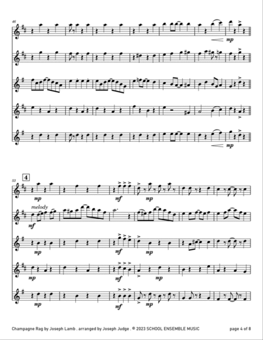 Champagne Rag by Joseph Lamb for Saxophone Quartet in Schools Saxophone Quartet scores gallery preview page 4
