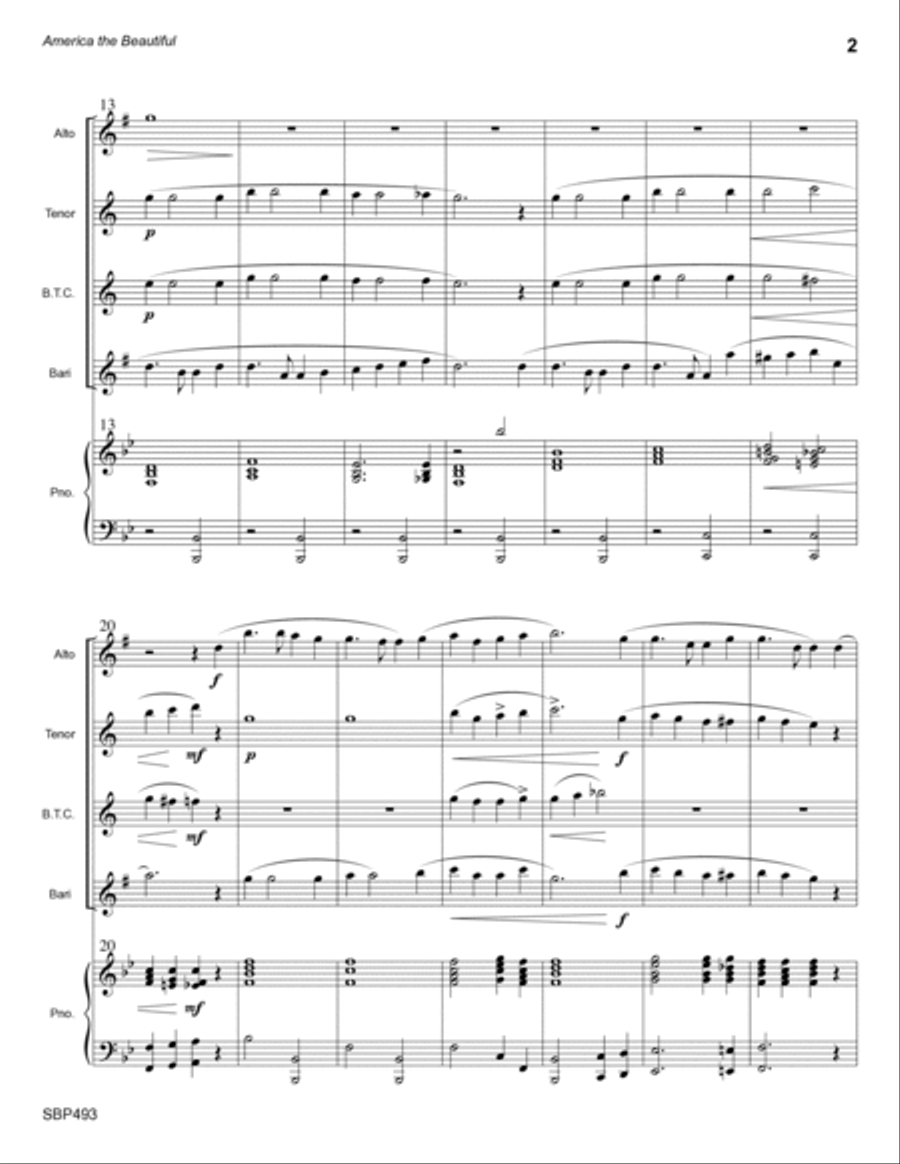 AMERICA THE BEAUTIFUL - AAB or ATB Saxes and Trombone (or Baritone TC) with optional Piano Small Ensemble scores gallery preview page 2