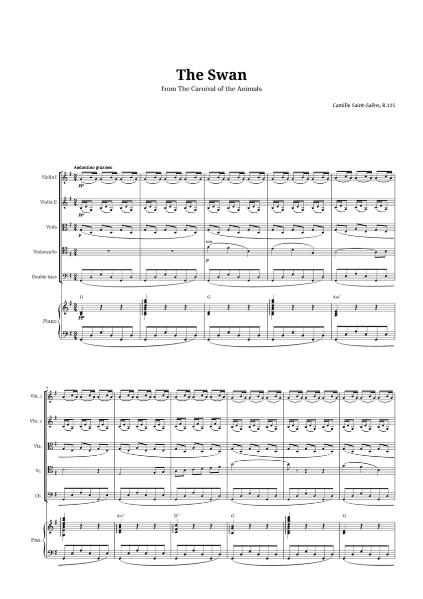 The Swan by Saint-Saëns for String Quintet and Piano with Chords image number null