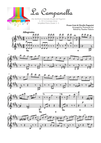 La Campanella - SImplified for Grade 3 - 5 Piano with note names Self Learning Series image number null